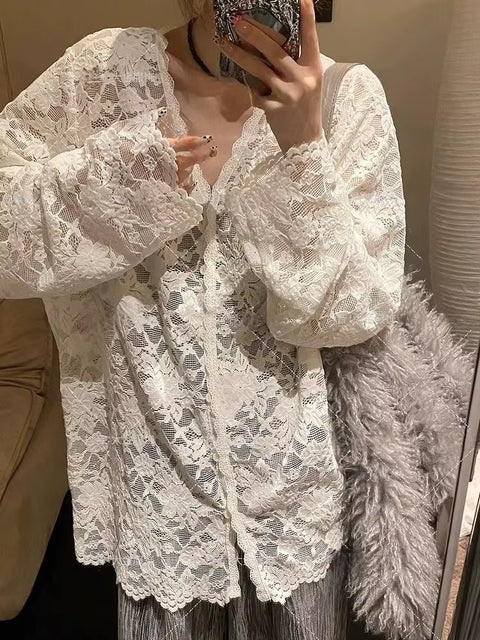 New Style Summer Long Sleeve Lace See Through Hollow Out Shirt CODE: KAR3580