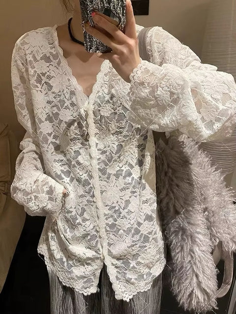 New Style Summer Long Sleeve Lace See Through Hollow Out Shirt CODE: KAR3580