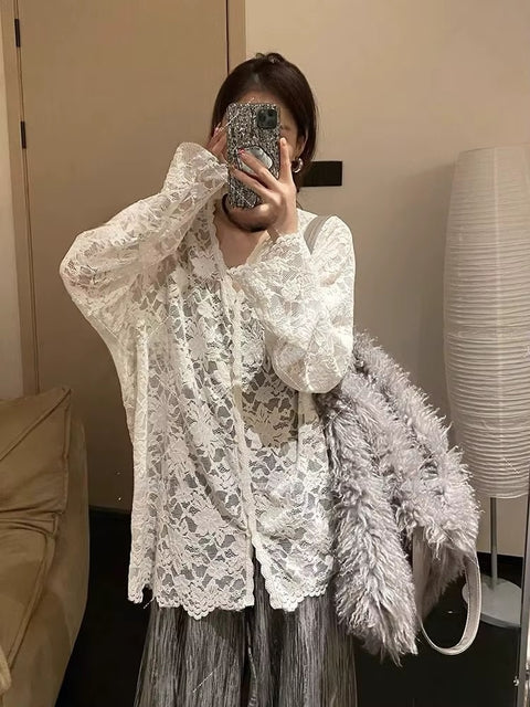 New Style Summer Long Sleeve Lace See Through Hollow Out Shirt CODE: KAR3580
