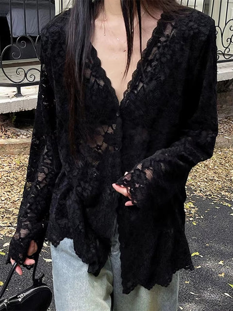 New Style Summer Long Sleeve Lace See Through Hollow Out Shirt CODE: KAR3580