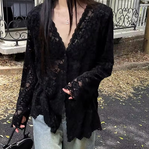 New Style Summer Long Sleeve Lace See Through Hollow Out Shirt CODE: KAR3580