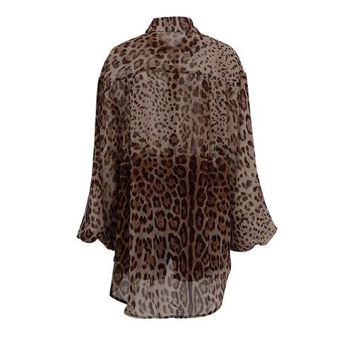 New Fashion Lantern Sleeve Leopard Print Shirt and Mini Short 2 Piece Set CODE: KAR3584