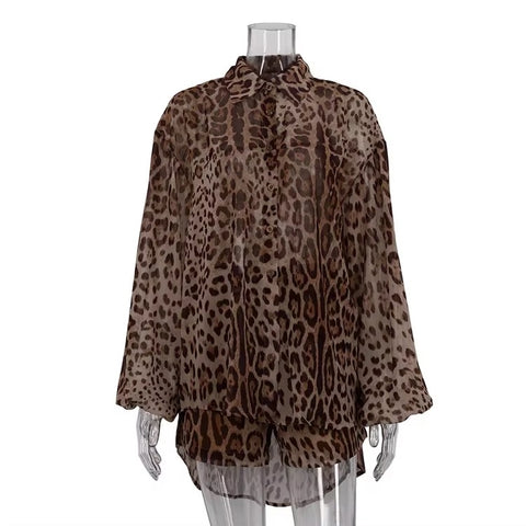 New Fashion Lantern Sleeve Leopard Print Shirt and Mini Short 2 Piece Set CODE: KAR3584