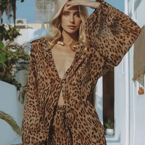 New Fashion Lantern Sleeve Leopard Print Shirt and Mini Short 2 Piece Set CODE: KAR3584