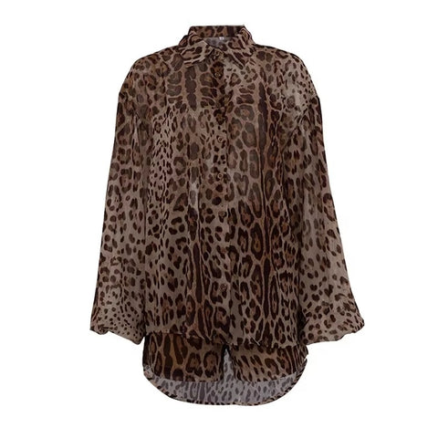 New Fashion Lantern Sleeve Leopard Print Shirt and Mini Short 2 Piece Set CODE: KAR3584