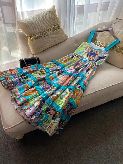 New Fashion Cascading Ruffles Spaghetti Strap Floral Cartoon Print Cake Dress CODE: KAR3587