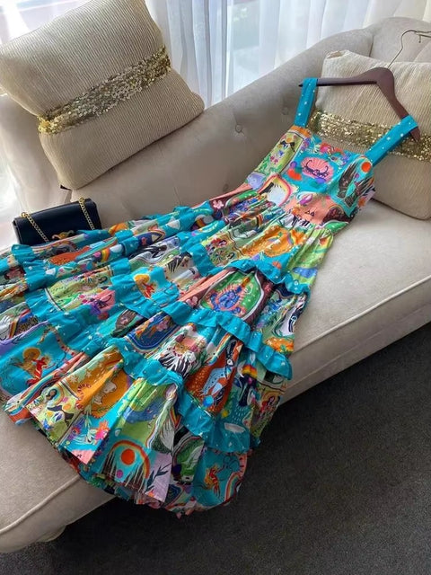 New Fashion Cascading Ruffles Spaghetti Strap Floral Cartoon Print Cake Dress CODE: KAR3587