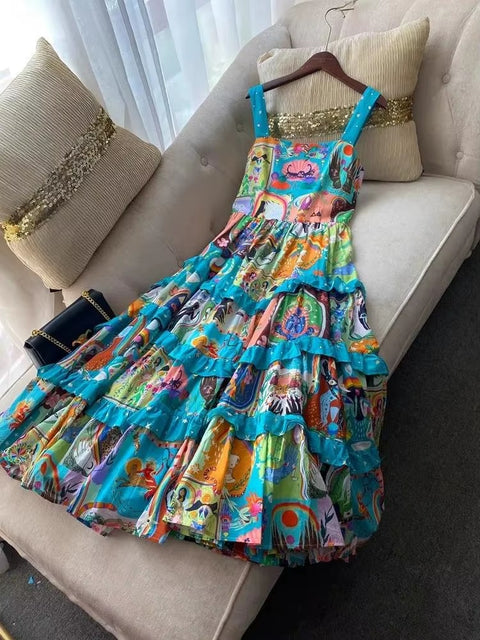 New Fashion Cascading Ruffles Spaghetti Strap Floral Cartoon Print Cake Dress CODE: KAR3587
