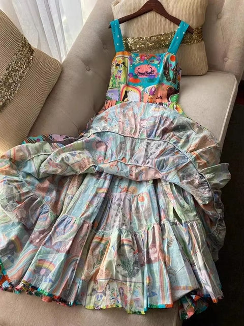 New Fashion Cascading Ruffles Spaghetti Strap Floral Cartoon Print Cake Dress CODE: KAR3587