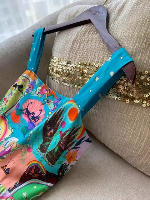 New Fashion Cascading Ruffles Spaghetti Strap Floral Cartoon Print Cake Dress CODE: KAR3587