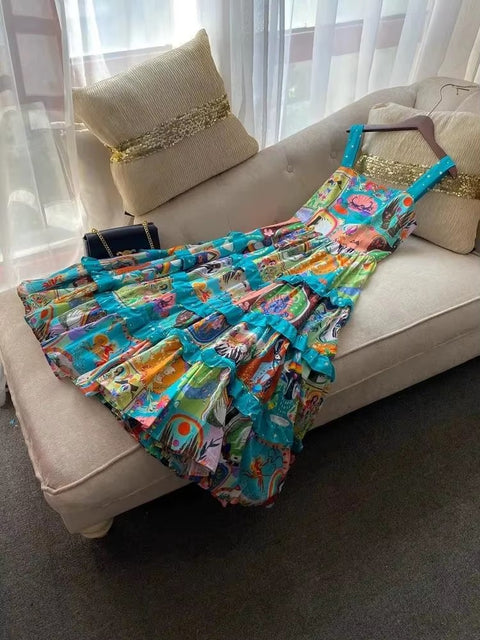 New Fashion Cascading Ruffles Spaghetti Strap Floral Cartoon Print Cake Dress CODE: KAR3587