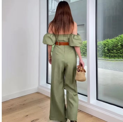 Summer New Elegant Square Neck Slim Fit and and Waist Straight Leg Jumpsuit CODE: KAR3588