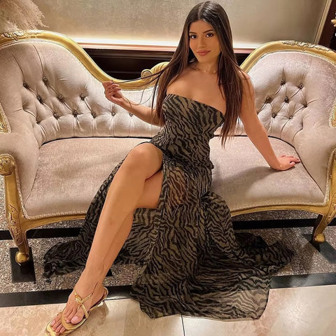 New Printed Spring Sexy Strapless Split Hem Pleated Off Shoulder Backless Long Dress CODE: KAR3593