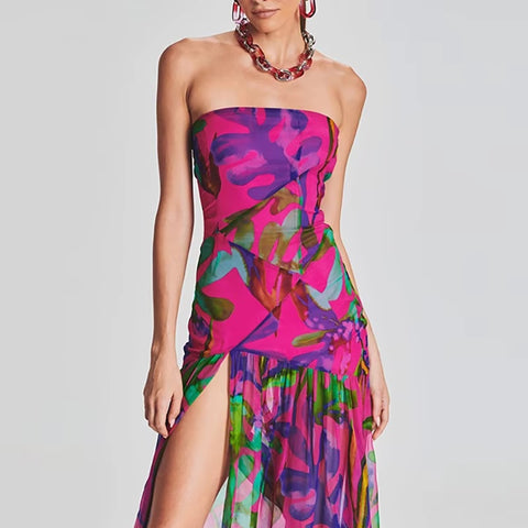 New Printed Spring Sexy Strapless Split Hem Pleated Off Shoulder Backless Long Dress CODE: KAR3593