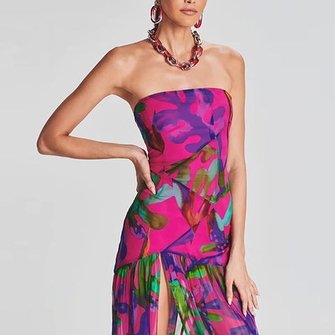 New Printed Spring Sexy Strapless Split Hem Pleated Off Shoulder Backless Long Dress CODE: KAR3593