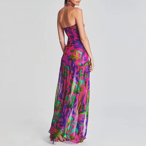 New Printed Spring Sexy Strapless Split Hem Pleated Off Shoulder Backless Long Dress CODE: KAR3593