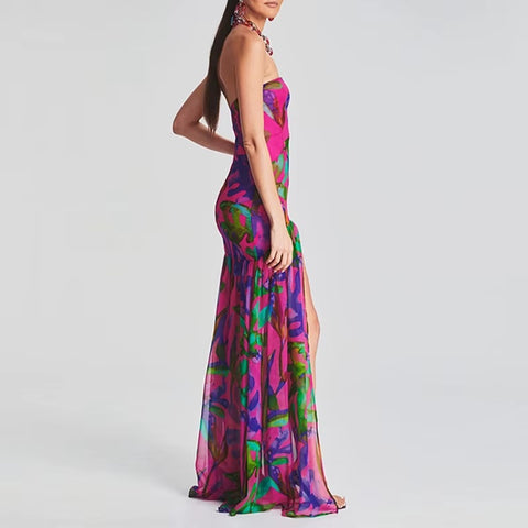 New Printed Spring Sexy Strapless Split Hem Pleated Off Shoulder Backless Long Dress CODE: KAR3593