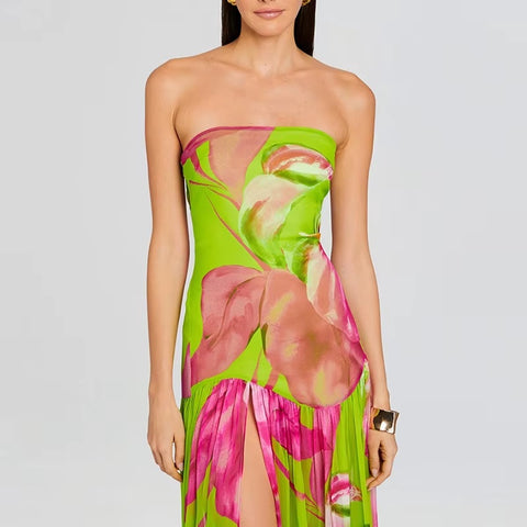 New Printed Spring Sexy Strapless Split Hem Pleated Off Shoulder Backless Long Dress CODE: KAR3593