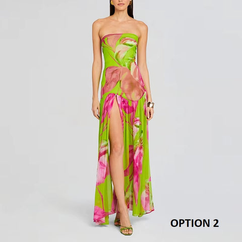New Printed Spring Sexy Strapless Split Hem Pleated Off Shoulder Backless Long Dress CODE: KAR3593