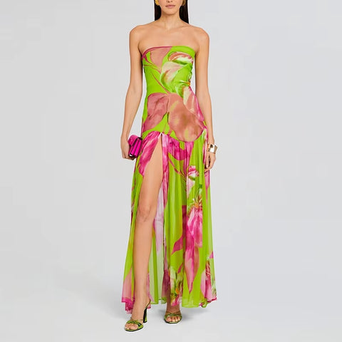New Printed Spring Sexy Strapless Split Hem Pleated Off Shoulder Backless Long Dress CODE: KAR3593