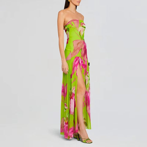New Printed Spring Sexy Strapless Split Hem Pleated Off Shoulder Backless Long Dress CODE: KAR3593