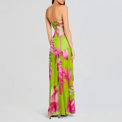 New Printed Spring Sexy Strapless Split Hem Pleated Off Shoulder Backless Long Dress CODE: KAR3593