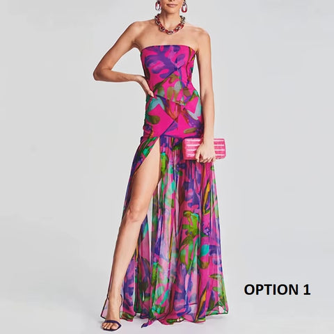 New Printed Spring Sexy Strapless Split Hem Pleated Off Shoulder Backless Long Dress CODE: KAR3593