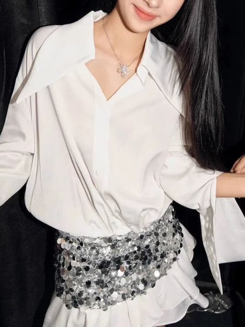 New Fashion Spliced Sequines Lapel Long Sleeve High Waist Elegant Mini Dress CODE: KAR3594