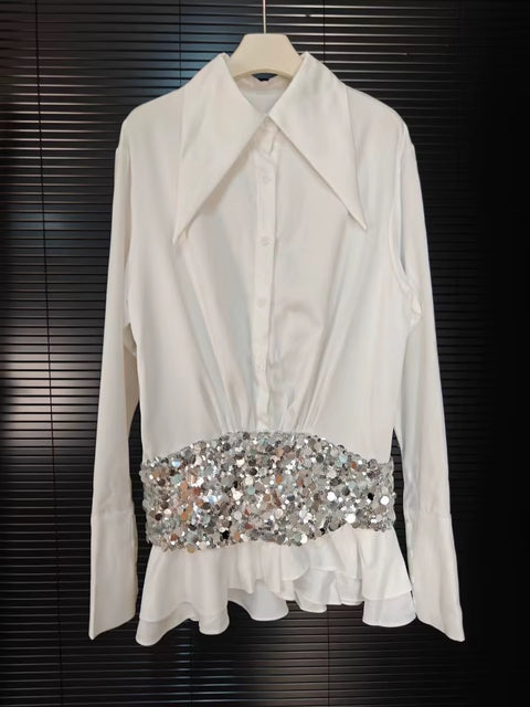 New Fashion Spliced Sequines Lapel Long Sleeve High Waist Elegant Mini Dress CODE: KAR3594