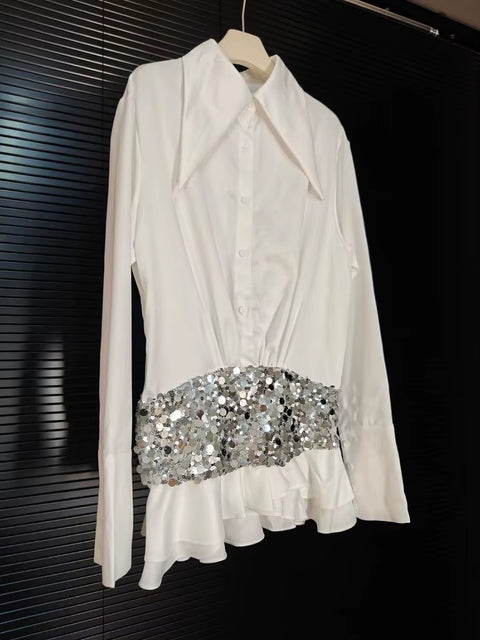 New Fashion Spliced Sequines Lapel Long Sleeve High Waist Elegant Mini Dress CODE: KAR3594
