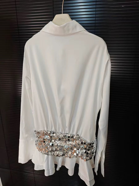 New Fashion Spliced Sequines Lapel Long Sleeve High Waist Elegant Mini Dress CODE: KAR3594