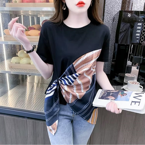 New Fashion Sexy O-Neck Patchwork Scarves Short Sleeve Casual Irregular Tees Short Tops CODE: KAR3595