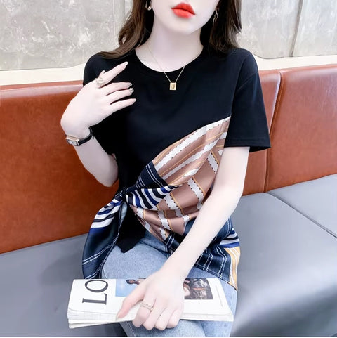 New Fashion Sexy O-Neck Patchwork Scarves Short Sleeve Casual Irregular Tees Short Tops CODE: KAR3595
