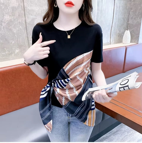 New Fashion Sexy O-Neck Patchwork Scarves Short Sleeve Casual Irregular Tees Short Tops CODE: KAR3595