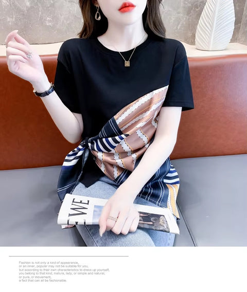 New Fashion Sexy O-Neck Patchwork Scarves Short Sleeve Casual Irregular Tees Short Tops CODE: KAR3595