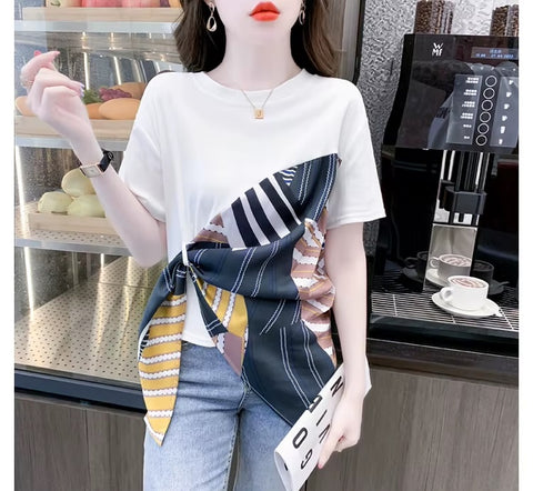 New Fashion Sexy O-Neck Patchwork Scarves Short Sleeve Casual Irregular Tees Short Tops CODE: KAR3595
