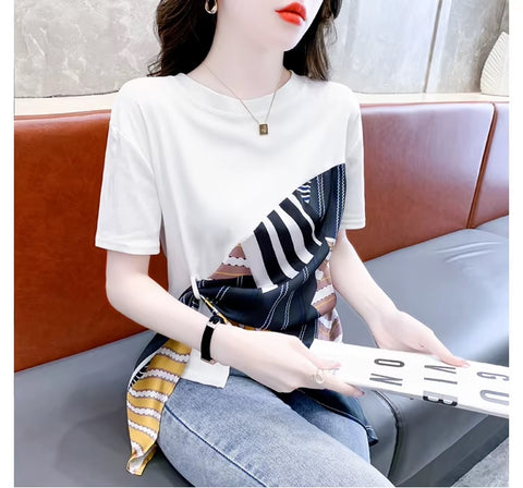 New Fashion Sexy O-Neck Patchwork Scarves Short Sleeve Casual Irregular Tees Short Tops CODE: KAR3595