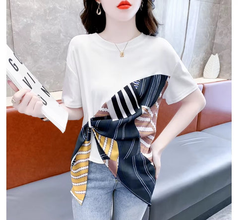 New Fashion Sexy O-Neck Patchwork Scarves Short Sleeve Casual Irregular Tees Short Tops CODE: KAR3595