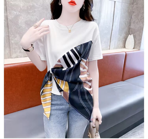 New Fashion Sexy O-Neck Patchwork Scarves Short Sleeve Casual Irregular Tees Short Tops CODE: KAR3595
