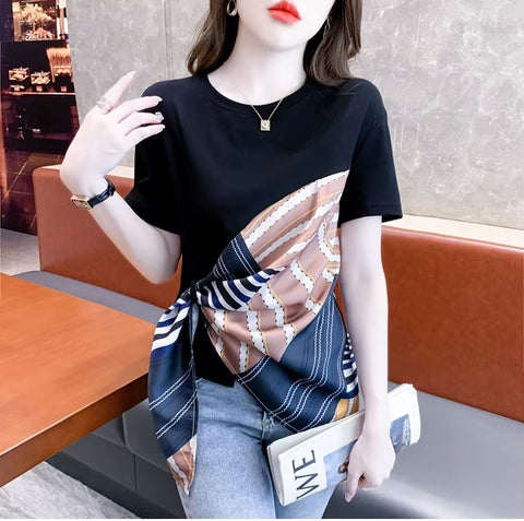 New Fashion Sexy O-Neck Patchwork Scarves Short Sleeve Casual Irregular Tees Short Tops CODE: KAR3595
