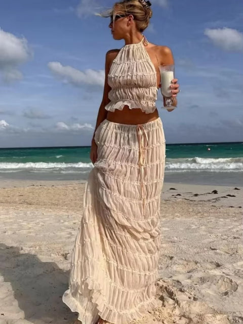 New Backless Ruched Sexy Halter Short Tops Fold Long Skirts 2 piece Set CODE: KAR3597