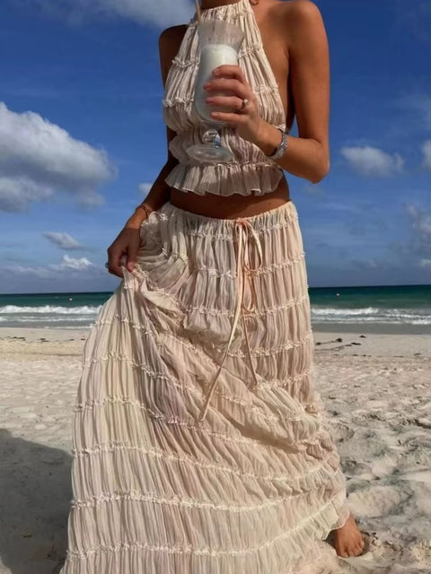 New Backless Ruched Sexy Halter Short Tops Fold Long Skirts 2 piece Set CODE: KAR3597