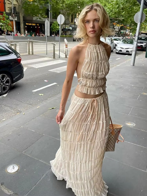 New Backless Ruched Sexy Halter Short Tops Fold Long Skirts 2 piece Set CODE: KAR3597