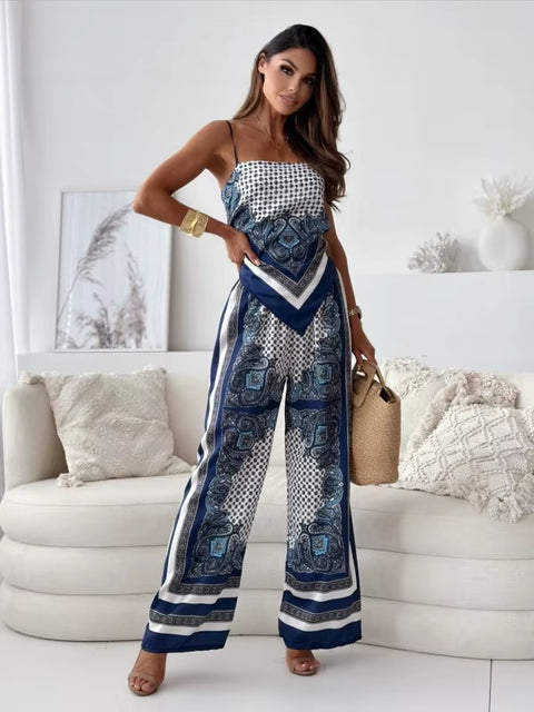 New Fashionable Printed Sexy Strap Wrapped Chest And Bareback Positioning Flower Pant Two Piece Set CODE: KAR3603