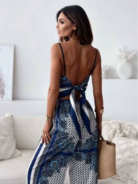New Fashionable Printed Sexy Strap Wrapped Chest And Bareback Positioning Flower Pant Two Piece Set CODE: KAR3603