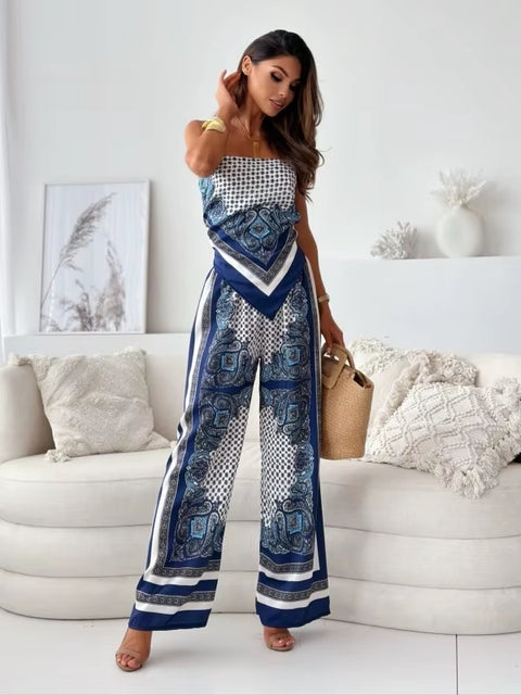 New Fashionable Printed Sexy Strap Wrapped Chest And Bareback Positioning Flower Pant Two Piece Set CODE: KAR3603