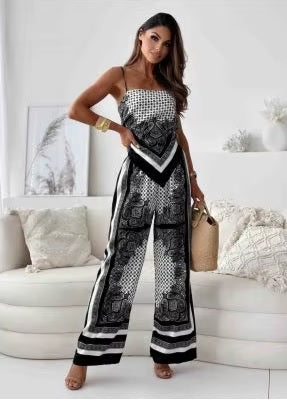 New Fashionable Printed Sexy Strap Wrapped Chest And Bareback Positioning Flower Pant Two Piece Set CODE: KAR3603