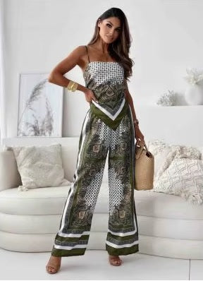 New Fashionable Printed Sexy Strap Wrapped Chest And Bareback Positioning Flower Pant Two Piece Set CODE: KAR3603