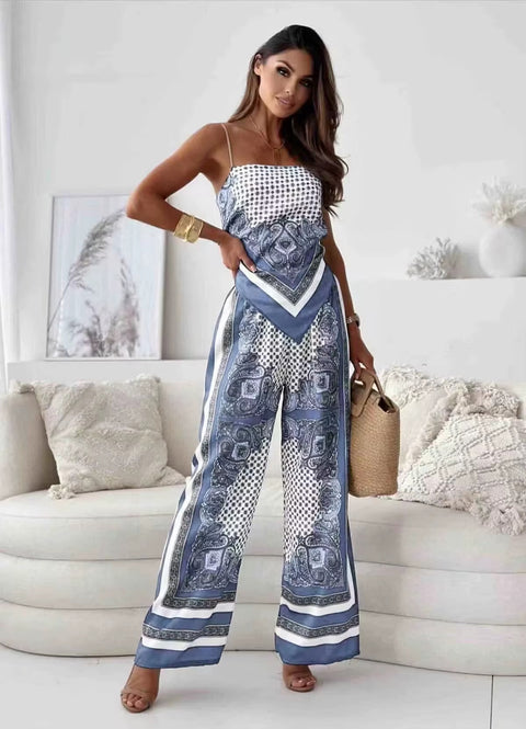 New Fashionable Printed Sexy Strap Wrapped Chest And Bareback Positioning Flower Pant Two Piece Set CODE: KAR3603