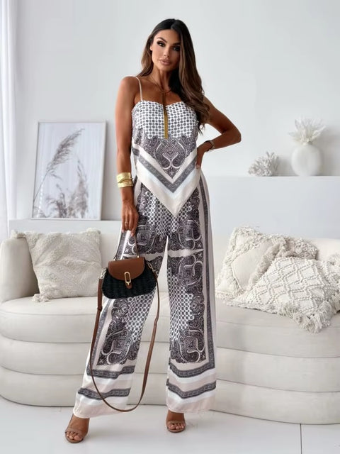 New Fashionable Printed Sexy Strap Wrapped Chest And Bareback Positioning Flower Pant Two Piece Set CODE: KAR3603
